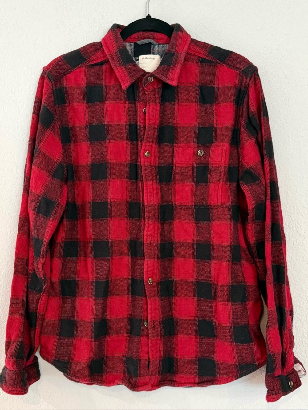 Huckberry Life After Denim Men’s Red and Black Plaid Flannel Button-Down Shirt